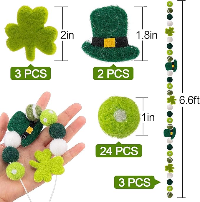 3 Pack Felt St. Patrick's Day Decorations Garland - 6.6 Feet Pom Pom Felt Ball Shamrock Leprechaun Hat Irish Themed Party Favors for Home Bedroom Living Room Decor