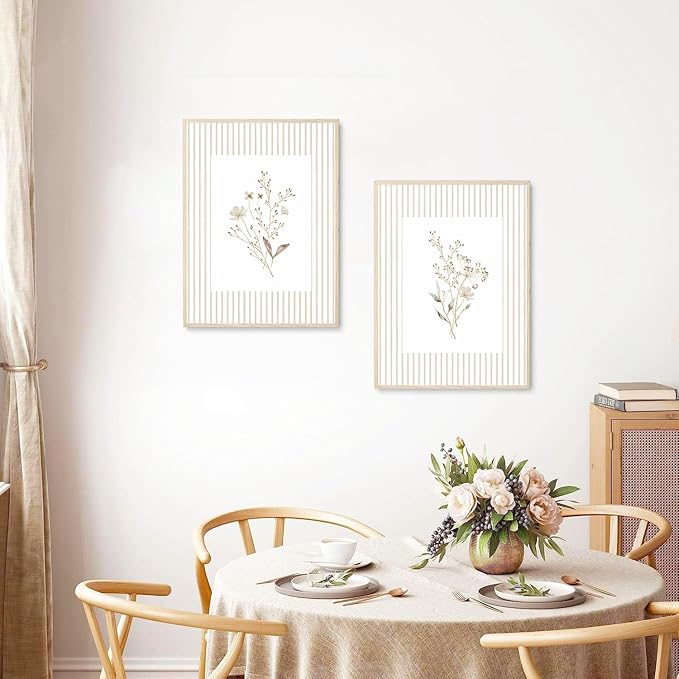 LYVTEU 2Pcs Neutral Wildflower Wall Art Vintage Floral Botanical Canvas Wall Decor Watercolor Striped Boho Flower Bouquet Pictures Prints Posters for Bedroom Farmhouse Wall Decor 12X16 Inch Unframed
