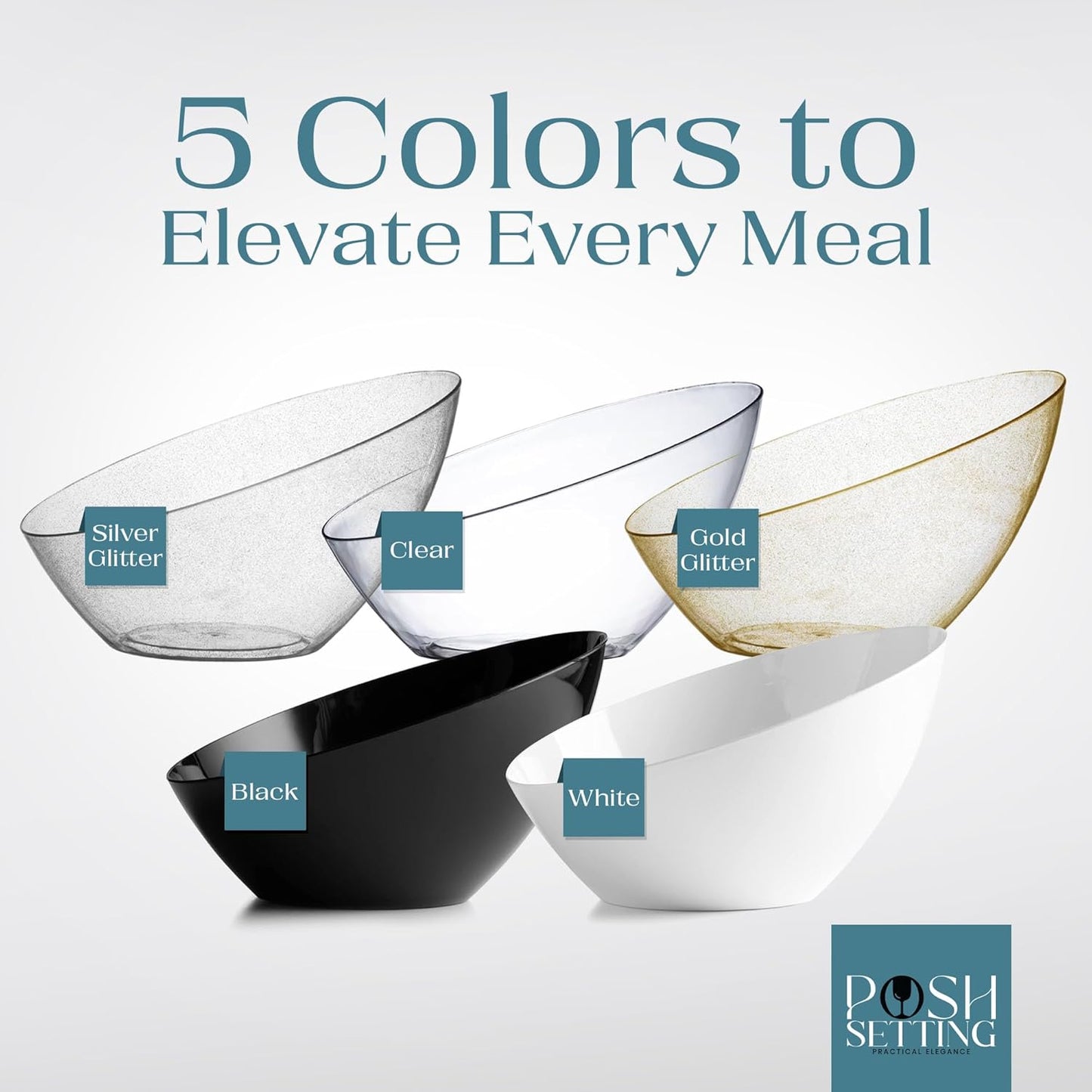 Posh Setting Black Plastic Serving Bowls Disposable - Angled Bowls - Angled Candy Bowl - Plastic Snacks & Chip Bowls for Parties - Black, Gold & Clear, White Serving Dishes, 54 OZ, 5 Pack