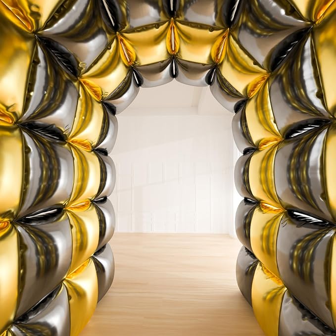25pcs Black and Gold Foil Square Balloon Backdrop Wall &139pcs Gold Black Balloons Arch Kit, Double Sided Balloon Tunnel for Birthday 2025 New Year Graduation Party Decoration
