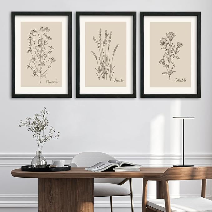 YWJKWLGS Framed Vintage Botanical Wall Art Set of 3, Black Wood Frame Wildflower Prints, Minimalist Rustic Farmhouse Decor, 16x24 inch Art for Living Room Bedroom Office