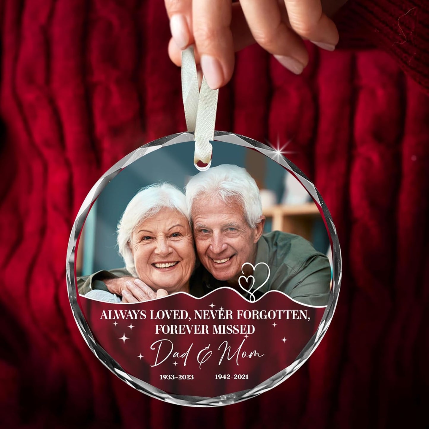 Personalized Memorial Ornament for Dad & Mom โ Custom Photo Suncatcher with Names & Dates โ Always Loved Never Forgotten โ Loss of Parents Christmas Ornament โ Remembrance Gift for Family