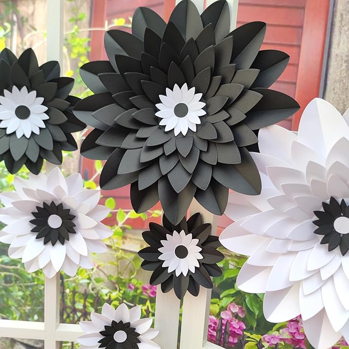 Black White Paper Flower for Wall (11''-7'' Assorted) DIY Floral Party Backdrop Nursery Room Baby Shower Girls Birthday New Year Party Photo Backdrop Pack of 6