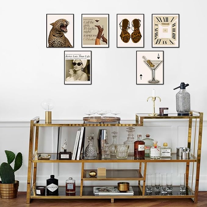 Mynotix Vintage Leopard Poster Set of 6, Trendy Cheetah Y2K Wall Art, Fashion Martini Wall Decor Preppy Girl Canvas Paintings Prints Artwork for Living Room Bedroom Dorm 12x16 inch Unframed
