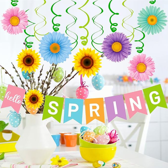 Hello Spring Banner Colorful Flower Hanging Swirls Sun Flowers Daisy Pattern Hanging Banner for Spring Easter Party Decorations Mantle Fireplace Indoor Outdoor Home Classroom Decorations