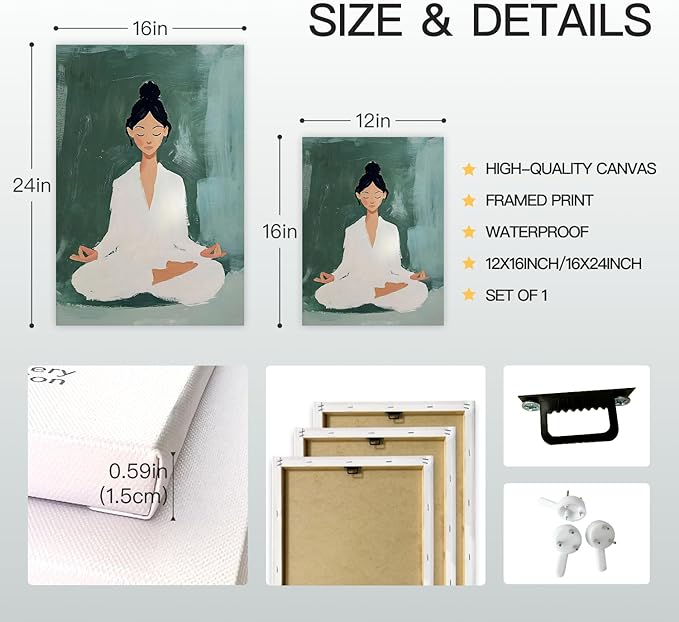 GELDSTEI Framed Zen Wall Art, Tranquil Meditation Wall Decor, Yoga Girl Canvas Painting, Spiritual Aesthetic Picture, Calming Mindfulness Poster Print for Living Room Spa Yoga Studio 16x24 Inch