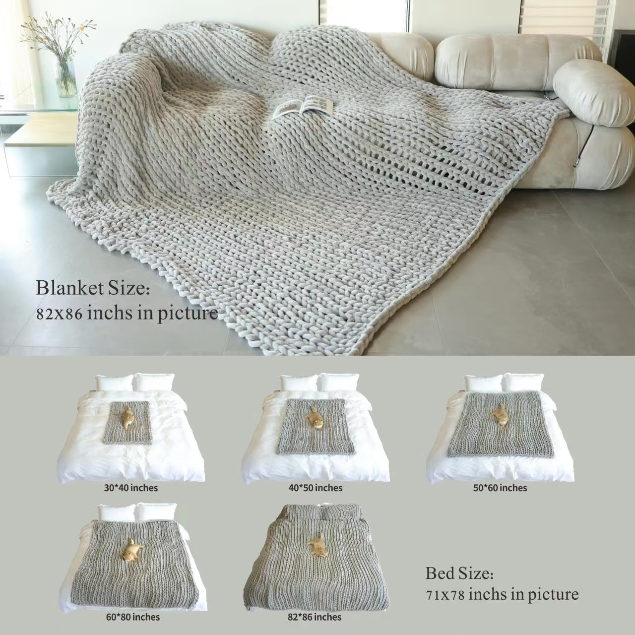 Maetoow Chenille Chunky Knit Blanket Throw (82×86 Inch), Handmade Warm & Cozy Blanket Couch, Bed, Home Decor, Soft Breathable Fleece Banket, Christmas Thick and Giant Yarn Throws, Cream