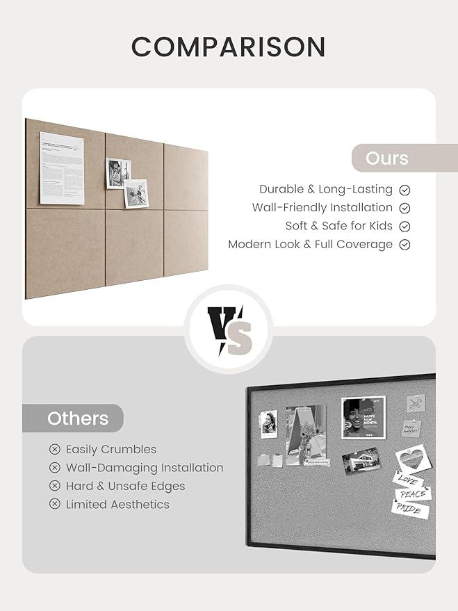 Bumusty Large Cork Board 36" x 24" Alternative - 6 Pack Felt Wall Tiles with 40 Safe Removable Adhesive Tabs, 30 Pushpins, Cork Boards for Walls Pin Board Bulletin Board Office Decor (Taupe)
