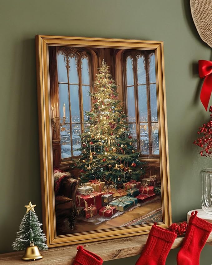 InSimSea Gold Framed Wall Art, Vintage Canvas Prints Decor, Christmas Pine Tree Paintings Large Wall Decor, Rustic Pictures for Winter Xmas Bedroom Holiday Decoration Gifts, 16x24inch