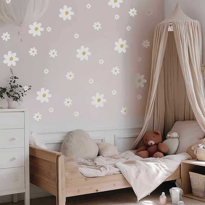 32 PCS Flower Wall Decals Peel and Stick, Daisy Wall Decor for Girls Bedroom, Pure White Daisy