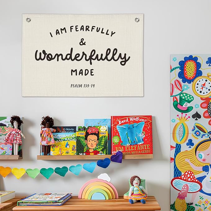 Kids Room Decor - Bible Verse Wall Hanging, 'I am Fearfully and Wonderfully Made' Linen Banner, Canvas Decoration for Classroom, Nursery, Kids Room