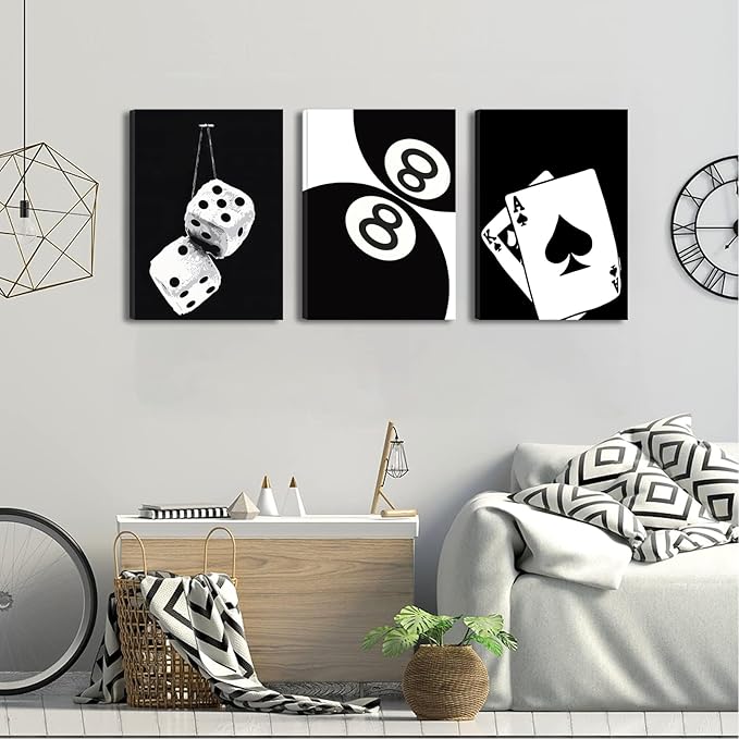 BOKPEN 3Pcs Black and White Poker Dice Canvas Wall Art Lucky You Poster Prints Trendy Funky Preppy Y2K 8 Ball Pictures Artwork Aesthetic Painting for Game Room Apartment Dorm Decor 12x16in canvas