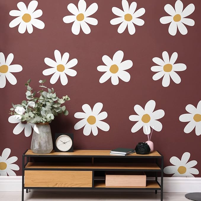 TaoBary 12 Sheet Daisy Wall Sticker Decal Removable Cute Daisy Bedroom Room Decor Flower Wall Sticker Pink White Flower Decal Wallpaper Peel and Stick for Nursery Home(White, Yellow,Vintage Style)