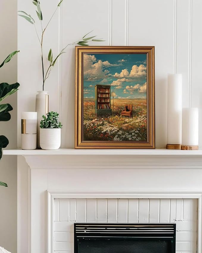 InSimSea Gold Framed Canvas Prints Wall Art, Vintage Country Decor, Flower Field Whimsical Oil Paintings Farmhouse Wall Decor Aesthetic, Rustic Book Pictures for Bedroom Living Room Shelf, 12x16inch