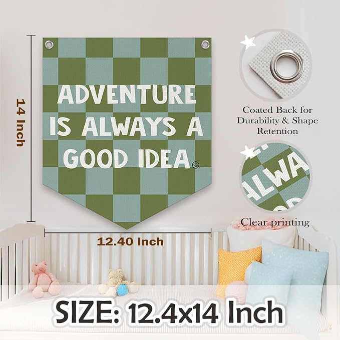 Boys Room Decor – Adventure Linen Pennant, Sage Green Canvas Triangle Flag, Wall Hanging Banner for Toddler Boy Nursery & Playroom, 14.5x12.6 in