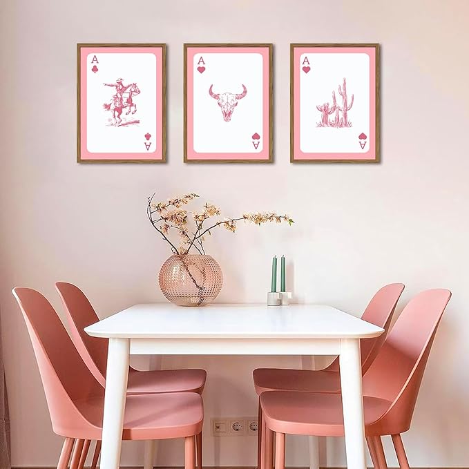 Western Cowboy Wall Art Set of 3 Southwestern Playing Card Wall Decor Pink Western Poster Canvas Prints Longhorn Bull Skull Room Decor for Bedroom Living Room Framed 16x24 inch