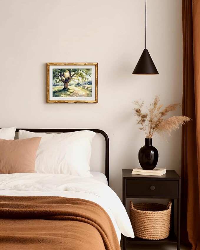 VIYYIEA Bamboo Detail Design Gold Framed Wall Art, Vintage Framed Landscape Wall Art Decor, Sunlit Village Path Bathroom Pictures, Vintage Artwork Decor Paintings for Bedroom, 11 x 14 Inch