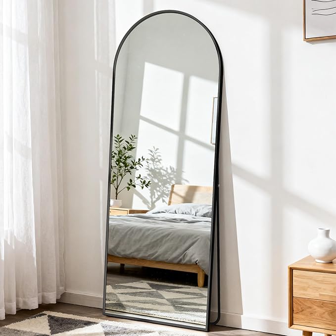 DUMOS Arched Full Length Mirror with Stand Floor Standing Aluminum Frame for Bedroom Body Hanging Leaning Modern Simple Home Decor Shatter-Proorf Nano Glass Wall Cloakroom Natural Black 59"x16"