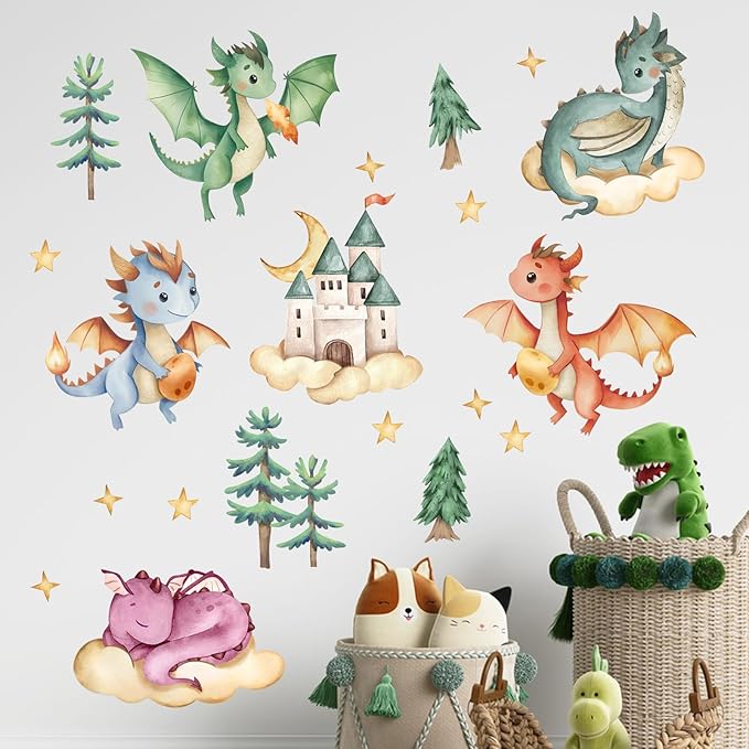 Yovkky Baby Dragon Wall Decals Stickers, Watercolor Castle Pine Tree Cloud Moon Stars Neutral Toddler Nursery Decor, Dragon Eggs Home Decorations Kids Girls Boys Bedroom Playroom Art