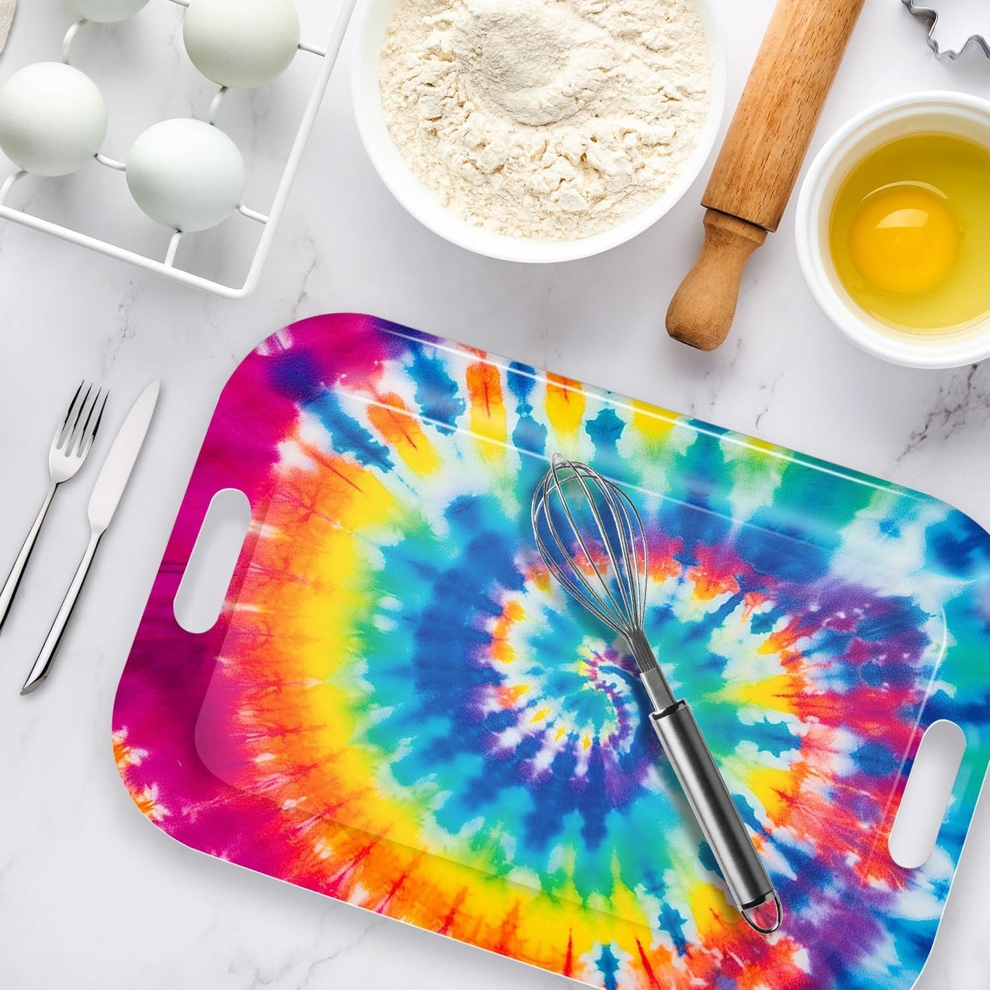 Serving Trays with Handles, 14.5 x 9.8 inch Rectangular Plastic Tray for Restaurant, Kitchen, Tie-Dye Colorful Spiral Patterns