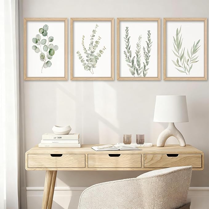 YWJKWLGS Botanical Watercolor Prints Sign Sage Green Eucalyptus Wall Decor 11x16 Inch Set of 4 Minimalist Wood Framed for Bathroom Laundry Room Office Wall Hanging Art (Wood)