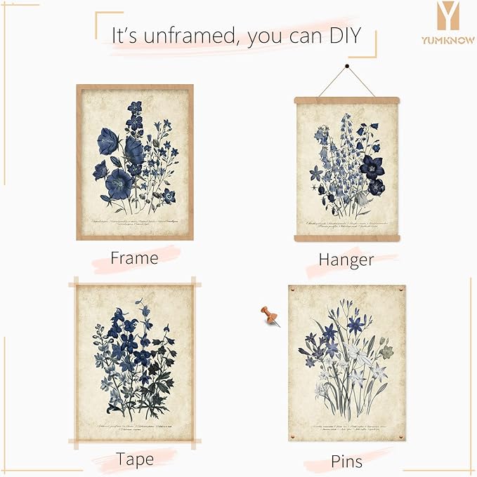 Watercolor Vintage Flower Poster Print 11x14 - Rustic Modern French Country Cottagecore Wall Art - Primitive Blue Magnolia Leaves Pictures Gallery Gift - Farmhouse Botanical Floral Kitchen Room Decor