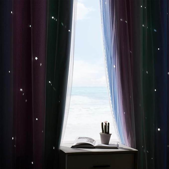 XiDi Blue & Rainbow Curtains for Kids & Girl Rooms - Blackout, Unicorn Wall Decals, 34x84 Inch, 1 Panel