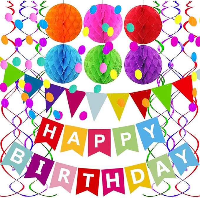 Fecedy Happy Birthday Banner With Colorful Paper Flag Bunting Paper Circle Confetti Garland Swirl Streamers Honeycomb ball for Birthday Party Decorations