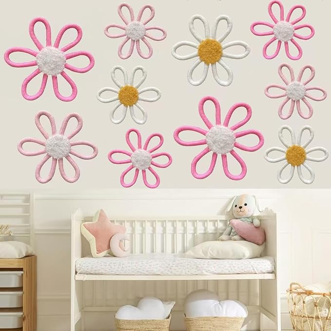 KUNHEHO Boho Wall Decor Set of 6 Daisy Flower With Butterflies Wall Decor Nursery Wall Decors Bohemian Macrame Wall Hanging Decor for Nursery Home Bedroom (3 colors)