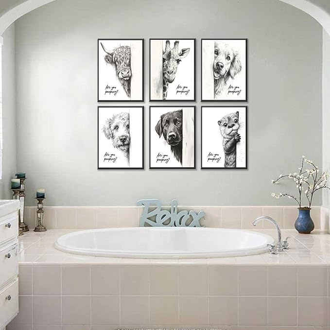 Funny Bathroom Wall Art Black and White Bathroom Posters Decor Rustic Donkey and Cow Pictures Wall Decor Funny Animal Peeking Canvas Art Prints for Toilet/Bedroom Unframed 8x10 inches x 6 pieces