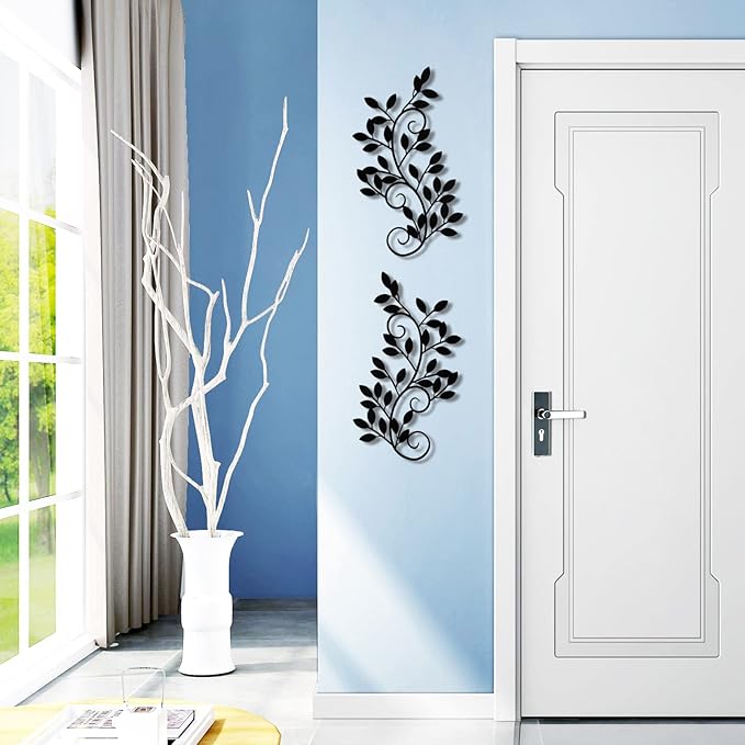 ESTART 2 Pieces Metal Tree Leaf Wall Decor Vine Olive Branch Leaf Wall Art Wrought Iron Scroll Sculptures for Above the Bed, Living Room, Bathroom, Hallway, Office, Outdoor Decoration (Black)