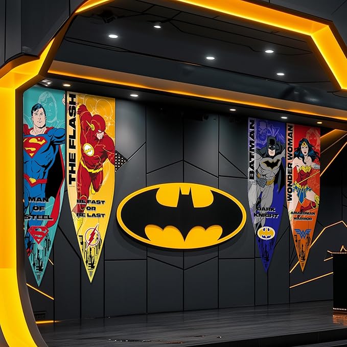 Superhero Banner Flag 4PC, 18"x59" Super Hero Backdrop Birthday Decorations, Superhero Pennant Flags for Party Room Wall Decor