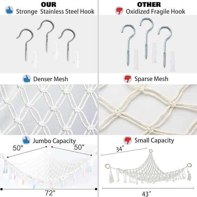 Stuffed Animal Net or Hammock with Light,Yewiwin Macrame Hanging Net Hammock for Stuffed Animal Toy Storage Organizer Boho Decor Room Holder for Nursery Play Room Bedroom (Beige(55"*55"*72"))