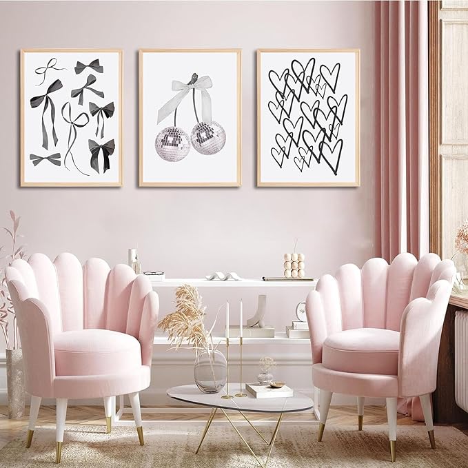 3pcs Black and White Trendy Preppy Wall Art Bows Disco Ball Many Heart Girly Coquette Room Wall Pictures Painting Minimalist Canvas Poster Prints for Girls Bedroom College Dorm Decor 12x16in