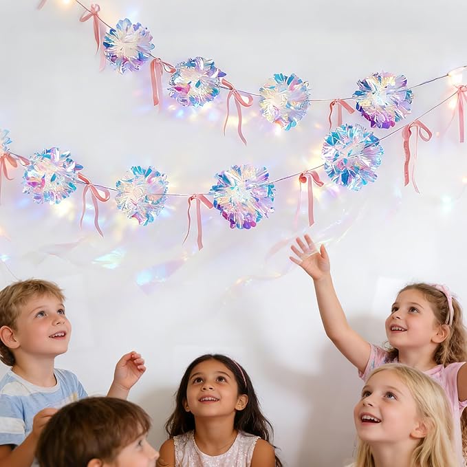 Iridescent Party Decorations, Iridescent Pompom Garland with Pink Bow Banner 1 Piece, Shimmering Mantel Garland for Birthdays, Weedings, Girls Party Decorations