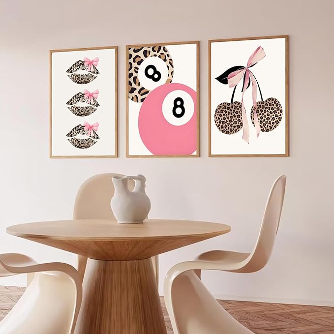 Trendy Pink Leopard Bow Wall Art Set of 3 Funky Cherry Lucky 8 Ball Posters Prints Cute Coquette Preppy Room Aesthetic Wall Decor Pictures for Girls Bedroom Apartment Dorm Unframed 12x16in