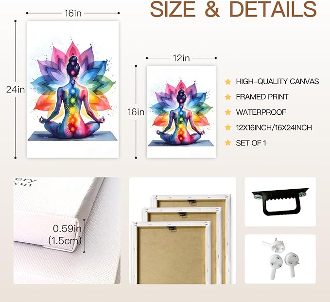 GELDSTEI Framed Zen Wall Art, Chakra Yoga Wall Decor, Colorful Meditation Poster Print, Spiritual Canvas Painting, Vibrant Meditating Woman Aesthetic Picture for Living Room Yoga Studio 12x16 Inch