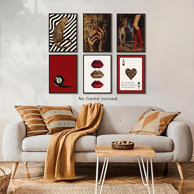 XBQZFLHT Red Cheetah Print Room Decor, Trendy Y2K Leopard Wall Art Pictures, Burgundy Red Wallpaper Style for Girls Bedroom Dorm(Set of 6, 12x16, Unframed)