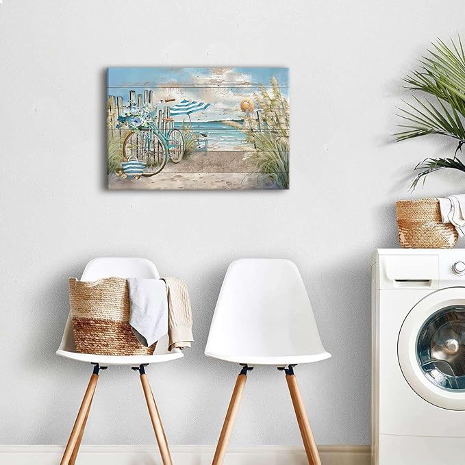 Coastal Canvas Wall Art Farmhouse Beach Seaside Wall Decor for Bathroom Bicycle Picture Rustic Ocean Seascape Poster Print Retro Country Coastline Painting Artwork Living Room Home Decoration 16x24