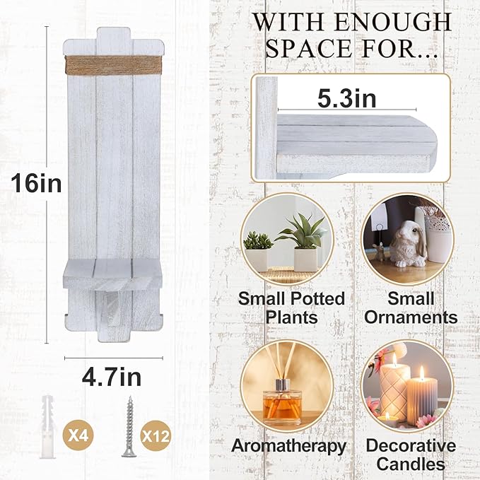Farmhouse Wall Decor Candle Sconces - 2 Pcs Rustic Scandinavian Handmade Wooden Wall-Mount Candle Holders for Bedroom Living Room Bathroom Home Hanging Art Decorations Accessories Gifts, Grayish White