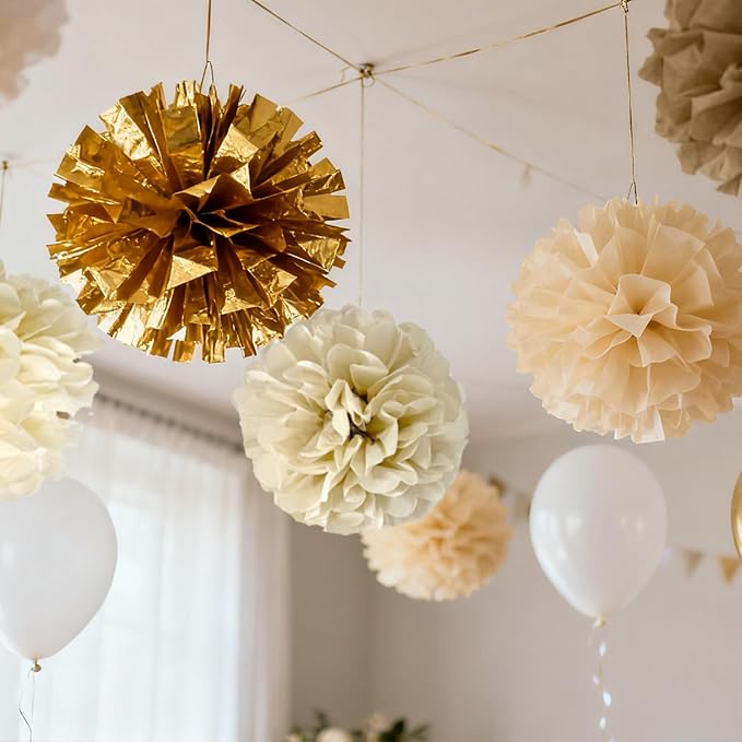 Gold Champagne Gold and Ivory Paper Pom Poms for Wedding Birthday Gold Party Decoration - Ceiling Wall Hanging Tissue Flowers - 12pcs 3 Colors of 12 Inch 10 Inch 8 Inch