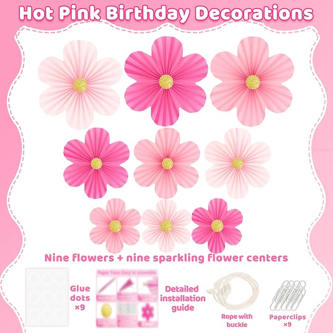 Pink Paper Flowers Decorations for Wall Hot Pink Birthday Decorations 9pcs with 9 Gold Glitter Floral Centers Paper Fans Floral Backdrop Flower Wall Decor for Classroom Wedding Baby Shower,Paper Guide