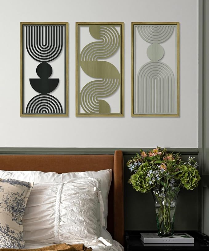 Putuo Decor Modern Minimalist Wall Decor Set of 3, Black Brown Gray MDF Cut-Out Geometric Line Panels, Abstract Vertical Art for Living Room Bedroom Office Wall Art