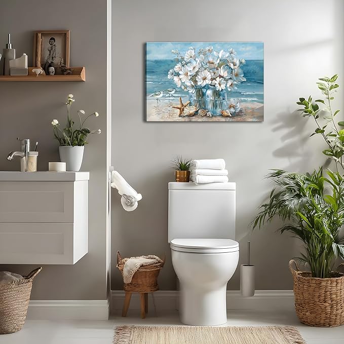 Blue Ocean Beach Bathroom Wall Art Ocean Theme Flower Canvas Painting Mason Jar White Daisies Coastal Print Artwork Starfish Seashells Seascape Picture Wall Decor for Living Room Bedroom 12x16"