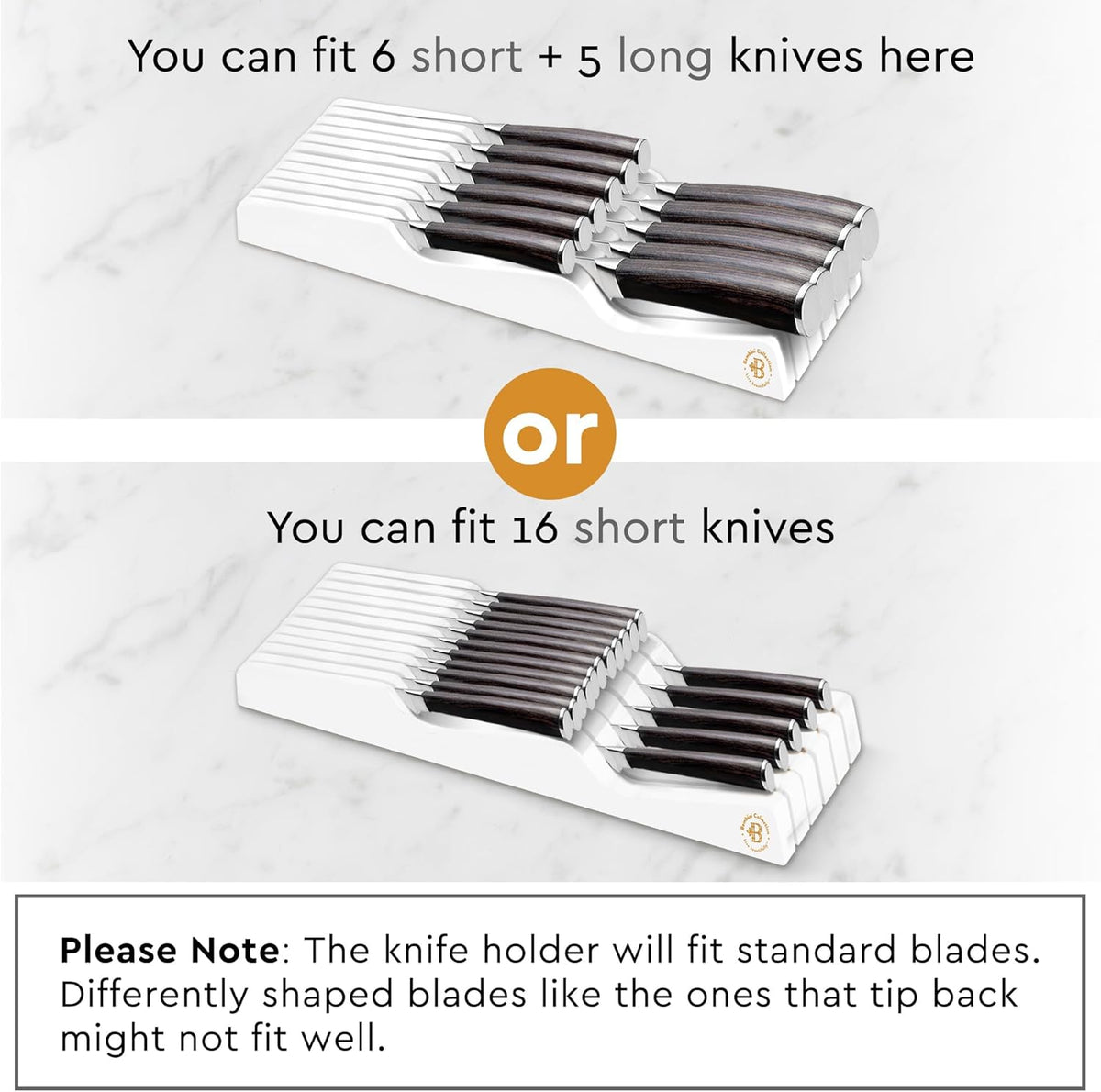 In-Drawer Knife Block Organizer - Bamboo Wood Drawer Knife Organizer - Holds 5 Long + 6 Short Knives (Not Included) - Store Knives with Blades Pointing Down