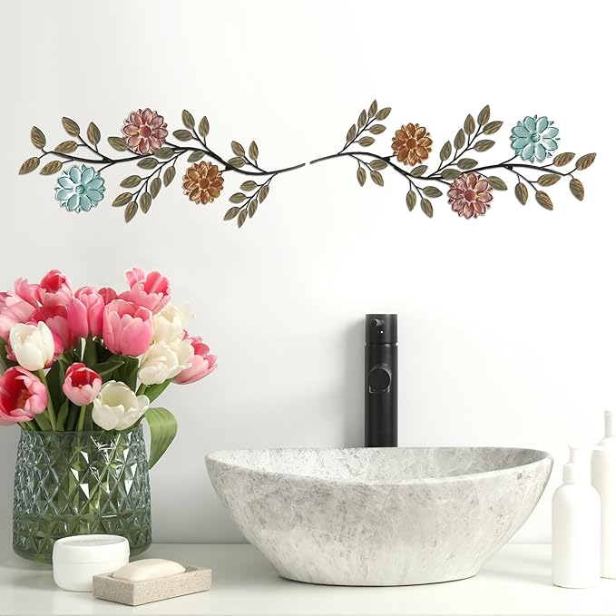 MorningRo 2 Pcs Metal Flower Leaves Wall Art, 15.75 Inch Spring Wall Decor, Vintage Leaf Wall Hanging, Rustic Wall Decor for Holiday Indoor Outdoor