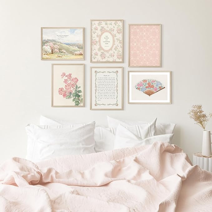 Christian Nursery Wall Art Bible Verse Canvas Wall Decor Girl Floral Wall Art Aesthetic Scripture Picture Jesus Religious Poster Pink Flower Prints Vintage Artwork for Bedroom 12x16x6 Inch Wood Framed