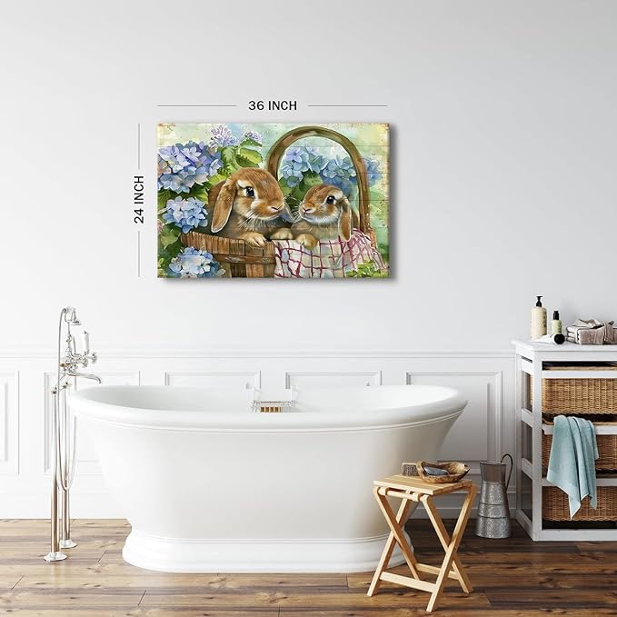 Farmhouse Canvas Wall Art Rabbit Pictures Easter Wall Decor for Bedroom Funny Bunny Painting Blue Flowers Poster Vintage Wood Grain Prints Artwork Kitchen Living Room Home Decoration 24x36"