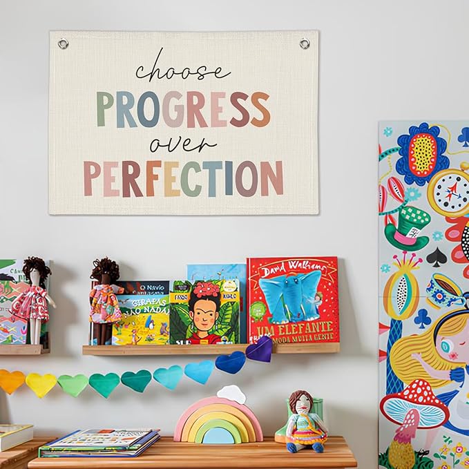 Boho Classroom Decor, Progress Over Perfection Banner, Positive Motivational Linen Banner Wall Hanging Canvas Flag for School Playroom Classroom