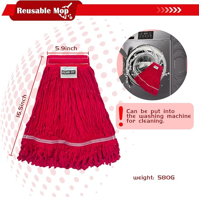Heavy Duty Wet Industrial Cleaning Mop Head – 21 oz red mop Head Replacement Cotton Washable Industrial mop Heads Heavy Duty for Commercial & Home Cleaning(RED)